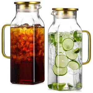 lot 9020 image: 2 Pack 2 Liters68 oz Square Glass Pitcher with Lid and Handle for Fridge, Iced Tea and Coffee Carafe Beverage Serveware, Heat Resistant Borosilicate Water Gold Jug for HotCold Drinks and Milk