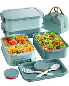 lot 9023 image: KEMETHY Adults Bento Lunch Box Set with Thermo Bag, 74oz Stackable Leak-proof 3-tiers Bento Box, Built-in Utensil and Sauce Container for Work, School, Dining Out (Green)