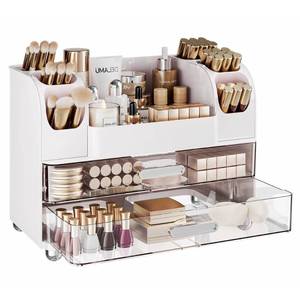 lot 9032 image: Delamu Large Makeup Organizer Countertop with 6 Brush Holders, White