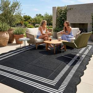 lot 9033 image: Garvee Waterproof Outdoor Rug 8x10, Scalloped Geometric Foldable Plastic Straw Patio Camping Rug, Outdoor RV Carpet for Deck Camper Porch Balcony Backyard Picnic Beach Black and White