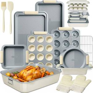 Kikcoin 25-Piece Nonstick Baking Pans Set with Large Turkey Roasting Pan, Stackable Bakeware Set, 450Â°F Oven Safe Baking Sheet Set with Silicone Handles, Carbon Steel Cookie Sheets for Baking, Cream
