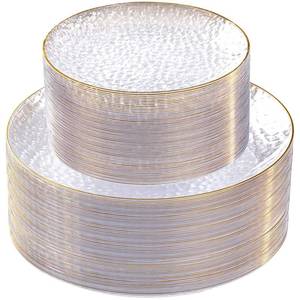 lot 9998 image: SUT 100Pcs Clear Plastic Plates, Hammered Plates Disposable Heavy Duty, Clear Disposable Plates With Gold Rim, Fancy Plastic plates Include 50 Dinner plate and 50 Dessert plate for Wedding