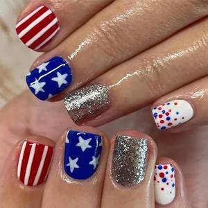 lot 10069 image: 24Pcs Independence Day Press on Nails Short Square Fake Nails Glitter Silver Glue on Nails Stripe Polka Dot Star Artificial Acrylic Nails 4th of July False Nails Patriotic Stick on Nails for Women
