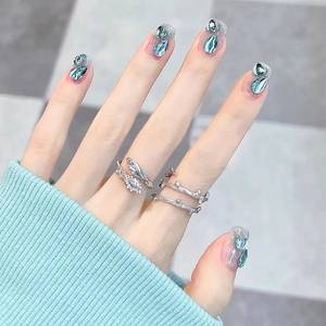 lot 10077 image: Press on Nails Short Aritifical Square Fake Nails Green Water Drop Style Heart Rhinestones Design French Acrylic False Nails Full Cover Coffin Nails Nature Fit Stick on Nails Glue on Nails for Women