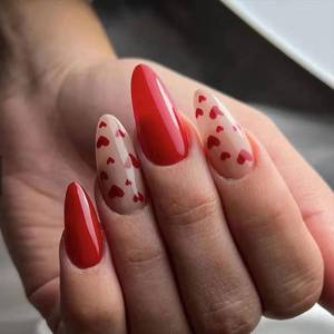 lot 10085 image: Valentines Press on Nails Medium Almond Fake Nails Valentines Nails Red False Nails Press ons with Heart Design Acrylic Full Cover Valentines Day Stick on Nail for Women Girls Date 24Pcs