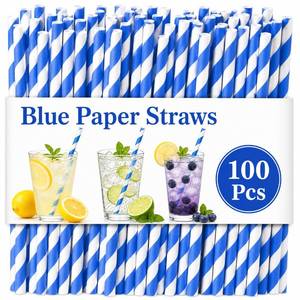 lot 10135 image: 100 Pack Royal Blue and White Striped Paper Straws, Biodegradable Disposable Drinking Straws for Smoothies, Lemonade, Birthday, New Year, Baby Shower and Party Decorations