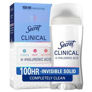 lot 10162 image: Secret Clinical Strength Invisible Solid Antiperspirant Deodorant for Women, 100HR Sweat & Odor Protection, 3X Stress Protection with Hyaluronic Acid, PH Balanced, Completely Clean Scent, 2.6 oz