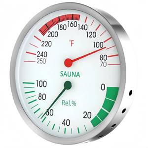 lot 10175 image: 5-Inch Large Display Sauna Thermometer Hygrometer - Color-Coded Dial, Stainless Steel, Heat-Resistant, Easy to Read Humidity & Temperature Gauge for Home Spa, Steam Room, Sauna (70-250°F, 0-100% RH)