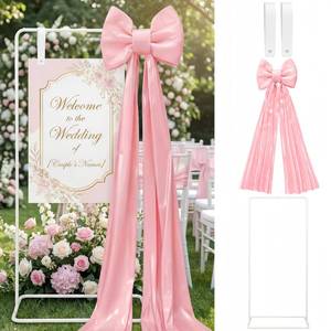lot 11575 image: LEIFIDE Wedding Welcome Sign Stand with Giant Bow Adjustable Wedding Sign Holder with 2 Leather Hanging Straps Seating Chart Easel for Birthday Bridal Shower Home Party Decor(Pink)