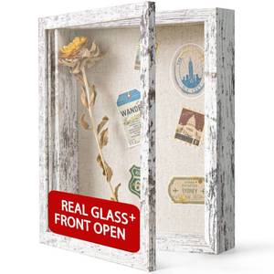 lot 11585 image: Califortree 8x10 Shadow Box Frame with Linen Back - Real Glass, Push Pins Included, Sturdy Rustic Memory Display Case, Fits 6.8x8.8 Inserts, Distressed White