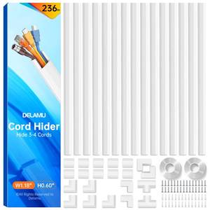 lot 13064 image: Delamu Cord Hider, 236in Cord Covers for 3-4 Wires on Wall, Cable Hider Wire Covers for Cords, Wire Hiders for TV on Wall, TV Cord Hider for Wall Mounted TV, 15x L15.7 W1.18 H0.6in, White