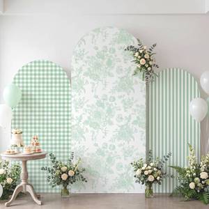 lot 13074 image: SiliFine Set of 3 Sage Green Arch Cover 4ft 5ft 6ft Chinoiserie Floral Stretchy Backdrop Covers Gingham Striped Backdrop Cover for Wedding Birthday Party Bridal Shower Baby Shower Celebration