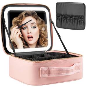 lot 13078 image: Extrei Gent Makeup Travel Train Case with Mirror LED Light 3 Adjustable Brightness Large Cosmetic Bag Portable Storage Adjustable Partition Waterproof Makeup Brushes Make up Jewelry Gift for Women