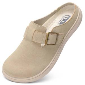 lot 14193 image: JOINFREE Womens Wide Suede Clogs Zero Drop Potato Shoes Diabetic Mules for Swollen Edema Comfort Slip on Sandals with Adjuatable Buckle Indoor & Outdoor Use Beige Size 11