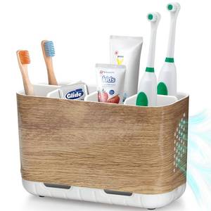 lot 14194 image: Boperzi Toothbrush and Toothpaste Holder Wood Grain for Bathroom Countertop with Adjustable Dividers, Toothpaste Caddy Organizer Storage Rustic Decor Set Freestanding Anti-Slip for Shower,Family,Kids