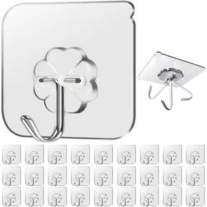 lot 14203 image: Lahedomege 28 Pack Sticky Hooks for Hanging Heavy Duty, Wall Hooks Adhesive, Clear self Adhesive Hooks for Wall, Kitchen, Bathroom, Shower & Ceiling