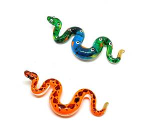 lot 14243 image: (Bundle of 2) Handmade Mini 2.5 Blown Glass Fantasy Ball Python Snake Figurine Art, Cool Stuff, Jungle Animals, Home or Garden Decor Gift Ideas (Green and Orange)