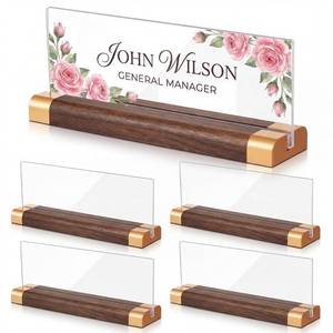 lot 19001 image: ForraFun 5 Pack Desk Name Plate Holder with Walnut Wood Base, 8.27 x 3 Clear Acrylic Sign Holder, Double Sided Nameplate Desk Office Display, Ideal Gift for Coworkers, Boss, Teachers & Staff