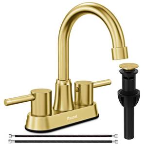 lot 19002 image: Gold Bathroom Faucet, Brushed Gold Bathroom Faucet, Gold Faucets for Bathroom Vanity, 4 Inch 2 Handle Centerset, Lead-Free, with Copper Pop Up Drain (Brushed Gold)