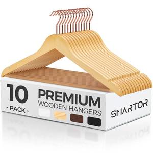 lot 19015 image: Smartor Wooden Hangers 10 Pack, Solid Wood Coat Hanger for Closet, Heavy Duty Wood Hangers for Suits, Shirts, Dresses, with 360° Rose Gold Hook, Non Slip Pant Bar, Natural