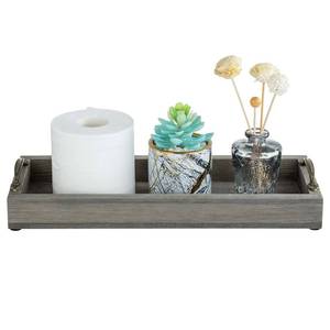 lot 19023 image: MyGift 16 Inch Vintage Gray Wood Toilet Tank Tray Organizer - Bathroom Vanity Rectangular Storage Tray with Antique Brass Tone Metal Handles