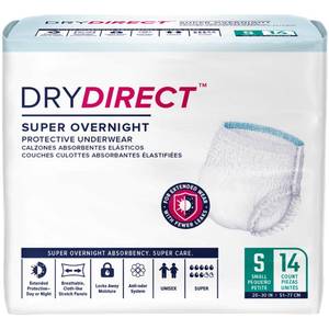 lot 19057 image: Dry Direct Super Overnight Underwear, Soft Cloth-Like Adult Diapers, Overnight Disposable Incontinence Protection - Small (Pack of 14)