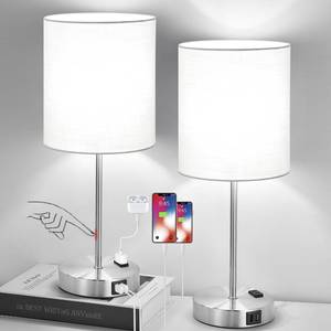 lot 19995 image: Lynnoland Set of 2 Touch White Table Lamps with 2 USB Ports & AC Outlet, 3-Way Dimmable Bedside Nightstand Lamps for Bedroom Living Room Nursery, 800 Lumens 5000K Daylight Bulbs Included