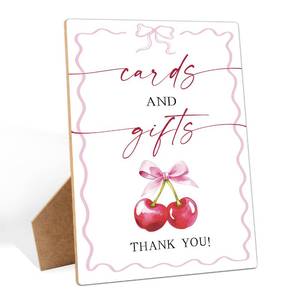 lot 20006 image: Shes The Cherry On Top Cards and Gifts Sign, 5.6x 7.8 Inch Wooden Sign with Stand, Pink Bow Cherry on Top Baby Shower Decorations for Birthday Bridal Shower Bachelorette Party Supplies