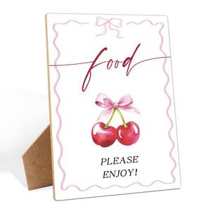 lot 20008 image: Shes The Cherry On Top Food Sign, 5.6x 7.8 Inch Dessert Table Wooden Sign with Stand, Pink Bow Cherry on Top Baby Shower Decorations for Birthday Bridal Shower Wedding Party Supplies