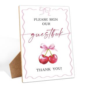 lot 20019 image: Shes The Cherry On Top Guest Book Sign, 5.6x 7.8 Inch Wooden Sign with Stand, Pink Bow Cherry on Top Baby Shower Decorations for Birthday Bridal Shower Bachelorette Party Supplies