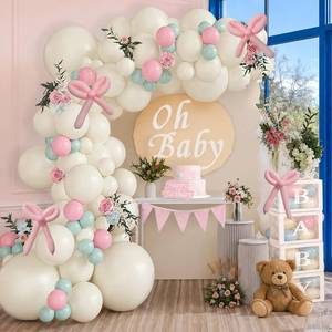 lot 20043 image: 138Pcs Pink and White Balloon Arch Kit Sand White Blue Light Pink Balloon Garland Bow Balloons for Gender Reveal Baby Shower Decorations Coquette Birthday Decorations Boho Wedding Bridal Party