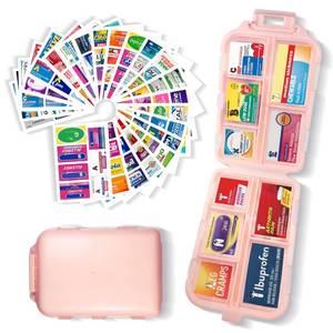 lot 20053 image: Pill Organizer with 161 Medicine Labels, Pink Travel Pill Case