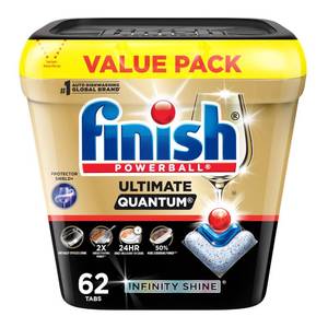 lot 20062 image: Finish Ultimate Quantum Infinity Shine Dishwasher Pods, New & Improved Formula, Dishwasher Detergent Dish Soap, Removes Burnt-On & Dried-On Stain, Fresh Scent, 62 Count (Open Box, May Be Missing Pieces)