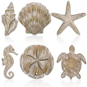 lot 20079 image: Yerliker 6 Pcs Beach Wall Decor Summer Coastal Ocean Wall Art Vintage Seashell Starfish Nautical Hanging Wooden Decor for Farmhouse Bathroom Living Room Home Bedroom Gift(Wood Color)