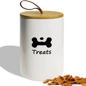 lot 20087 image: NIXBYO Dog Treat Container Airtight - 5 Inch Wide x 7.5 Inch White Ceramic Dog Treat Jar for Kitchen Counter, Doggie Cookie Jar with Airtight Bamboo Lid - Farmhouse Style Dog Food Storage Container (Broken Strap on Lid)