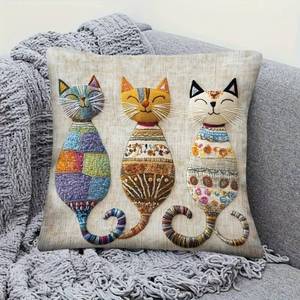 lot 20089 image: Cartoon Cat Pillow Case 18x18 Inch, 3 Cats Decorative Cushion Cover, Home Decor for Sofa, Couch and Bedroom
