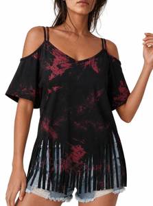 lot 20122 image: Remidoo Womens Fringe Tie Dye Tops Bell Short Sleeve Sexy V Neck Oversized T Shirt Red Large