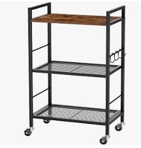 lot 19038 image: Buildable Rolling Shelf with 1 Wooden Platform (Missing 1 Wheel, Minor Cosmetic Damage to Wood)- Stock images differ from actual product images