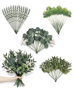 lot 1650 image: Verafoli 60 Pcs Mixed Artificial Eucalyptus Leaves Stems Bulk, 5Kinds Fake Greenery Silver Dollar Leaves Dried Eucalyptus Bundle with White Seeds Berry for DIY Bouquets Floral Arrangement Wedding Vase