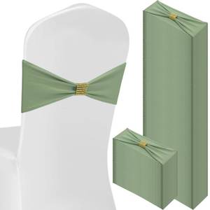 lot 1659 image: Hahafelt 100 Pcs Spandex Chair Sashes Bows with Rhinestone Ring Buckle Slider Elastic Universal Bowknot Chair Cover Bands Ties for Wedding Banquet Ceremony Event Party Decoration(Sage Green)
