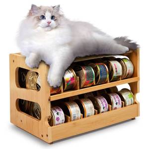 lot 1671 image: Coanto Cat Food Can Organizer, Bamboo 2-Tier FIFO Can Dispenser