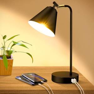 lot 1676 image: Industrial Dimmable Desk Lamp with 2 USB Charging Ports AC Outlet, Touch Control Bedside Nightstand Reading Lamp Flexible Head, Black Metal Table Lamp for Bedroom Office Living Room, Bulb Included