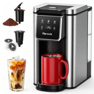 lot 1677 image: Horavie Single Serve Coffee Maker for K-Cup Pod and Grounds, Hot and Iced Coffee Maker, Strong Button Feature, 6 to 14oz Brew Sizes, 50oz Removable Reservoir, Fit 6.5in Mugs, Stainless Steel, Black