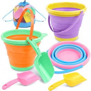 lot 1685 image: JOYIN 3 Packs Foldable Pail Bucket with Shovels and Mesh Bag, Collapsible Buckets Multi Purpose for Beach, Camping Gear, Beach Party, Fishing, and Fun Summer Activities (OrangeBluePurple)