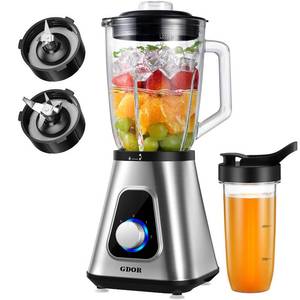 lot 1690 image: GDOR 1200W Blender for Smoothies and Shakes, 52 Oz Glass Jar and 22 Oz To-Go Cup Combo, Countertop Blender with 6-leaf Blade, 3 Adjustable Speed for Juices, Frozen Fruit Drinks, Sauces, Self-Cleaning