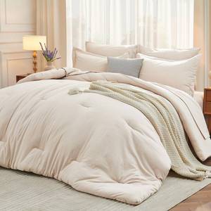 lot 1710 image: MUXHOMO 7 Pieces Queen Comforter Set, Soft Bed in a Bag Queen Size, All Season Bedding Set with Comforter, Flat Sheet, Fitted Sheet, Pillowcases and Shams, Beige