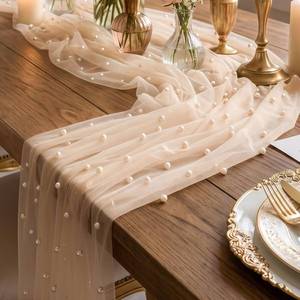 lot 2218 image: FEPTUASE Gauze Champagne Pearl Table Runner118x31.5 inch