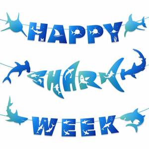 lot 2227 image: CrystalSylara Happy Week of Sharks Banner Shark Party Decorations Ocean Theme Birthday Decorations Under The Sea Backdrop for Summer Supplies Banner for Wall Birthday Party Decor