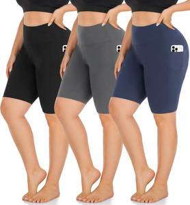 lot 2239 image: MOREFEEL 3 Pack Plus Size 8in Biker Shorts with Pockets for Women-High Waist Non-See Through Workout Black Yoga Short