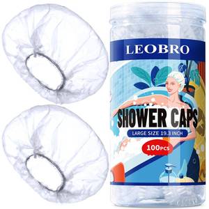 lot 2245 image: LEOBRO 100PCS Disposable Shower Caps, Large Shower Caps for Women Disposable, Clear Plastic Shower Cap, Plastic Hair Caps for Hair Treatment, Large Size 19.3 INCH